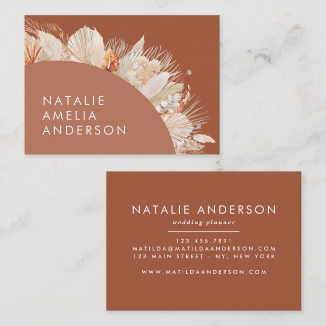 Terracotta Bohemian elegant modern pampas grass Business Card (Front/Back)