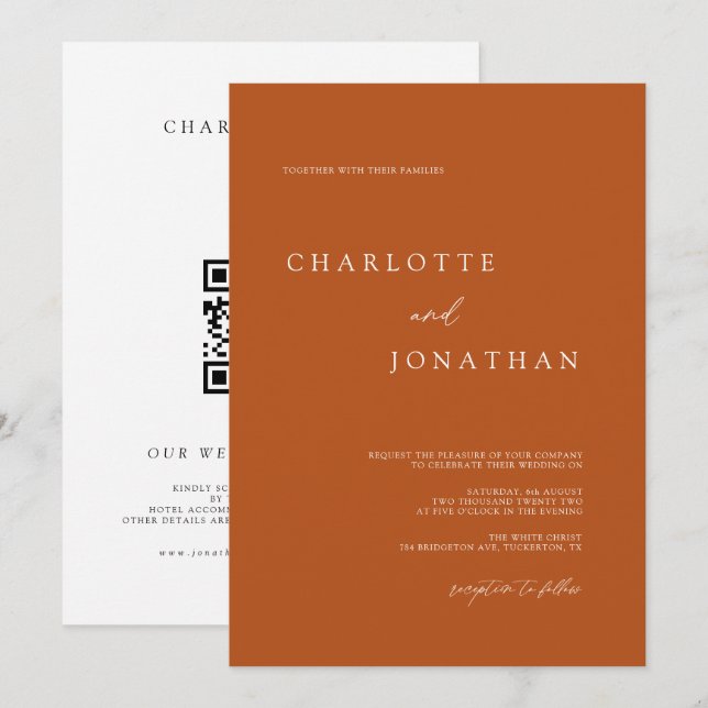 Terracotta Bohemian Modern QR Code Wedding Invitation (Front/Back)