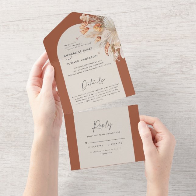 terracotta bohemian pampas grass wedding all in on all in one invitation (Tearaway)