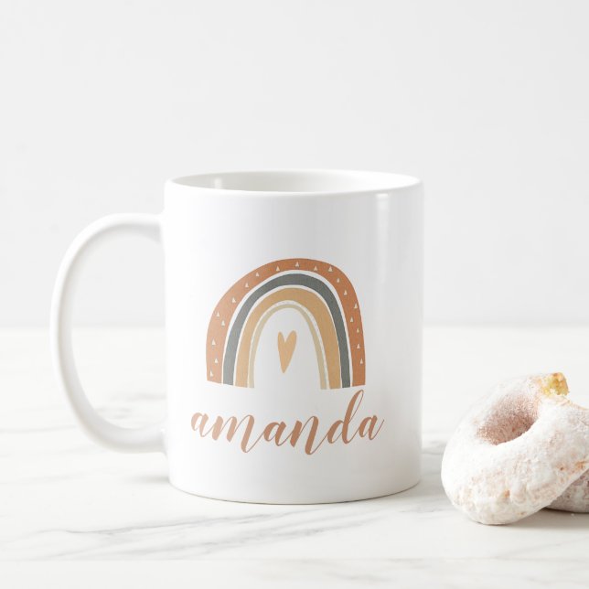 Terracotta Bohemian Rainbow Script Custom Name Coffee Mug (With Donut)