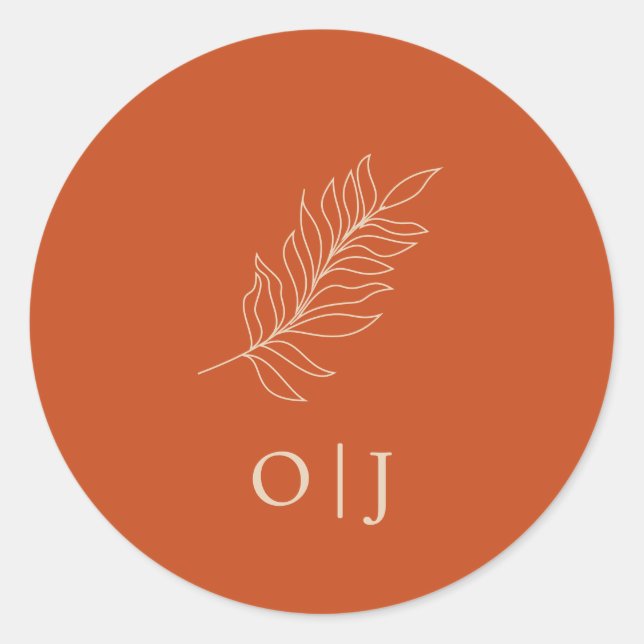 Terracotta Boho Botanical Wedding Initials Classic Round Sticker (Front)