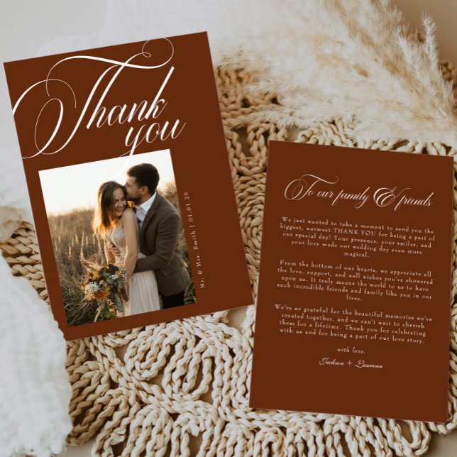 Terracotta Boho Calligraphy Script Photo Wedding Thank You Card (Creator Uploaded)