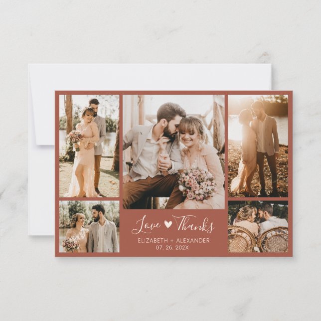 Terracotta Boho Chic Script Photo Collage Wedding  Thank You Card (Front)