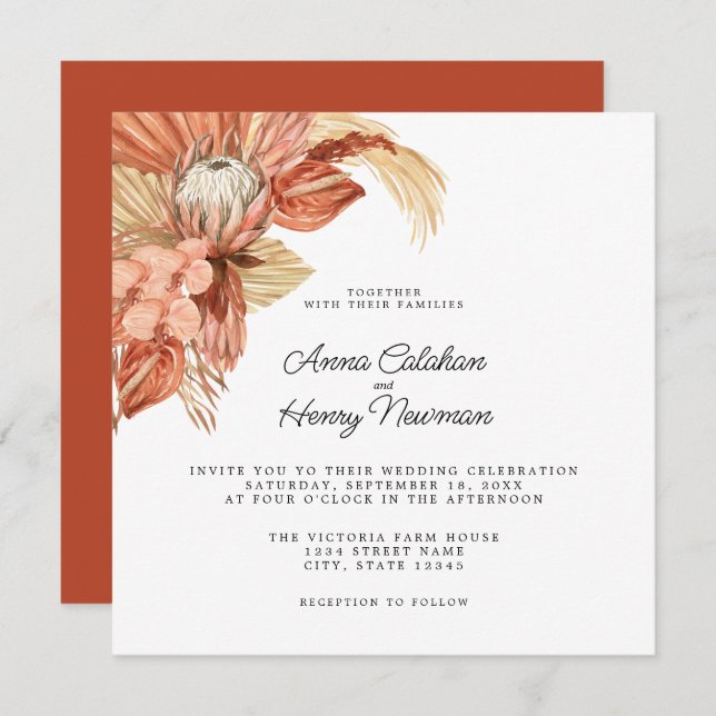 Terracotta Boho Dried Floral Pampas Wedding Invitation (Front/Back)