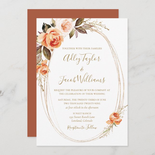 Terracotta Boho Fall Floral Burnt Orange Wedding Invitation (Front/Back)