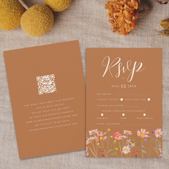 Terracotta Boho Fall Floral Meal Options QR code RSVP Card (Terracotta boho fall floral wedding rsvp with website qr code Watercolor wildflowers elegant script)