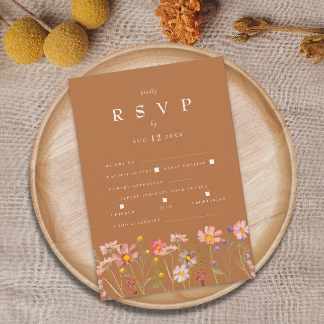Terracotta Boho Fall Floral Meal Options RSVP Card (Terracotta boho fall floral wedding rsvp card With meal choices and food allergies. Watercolor)