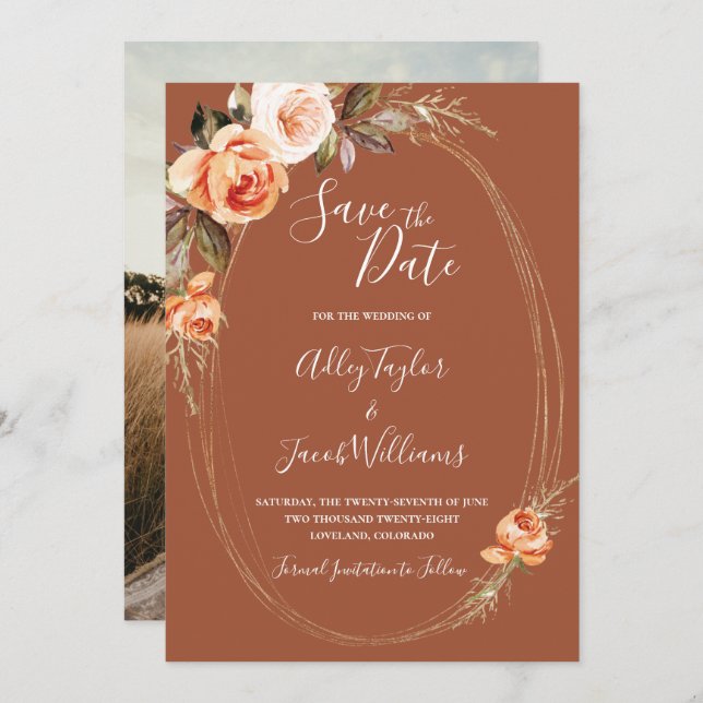 Terracotta Boho Fall Floral Photo Wedding Save The Date (Front/Back)