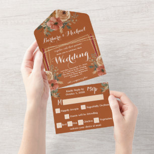 Terracotta Boho Fall Floral Watercolor Wedding All In One Invitation
