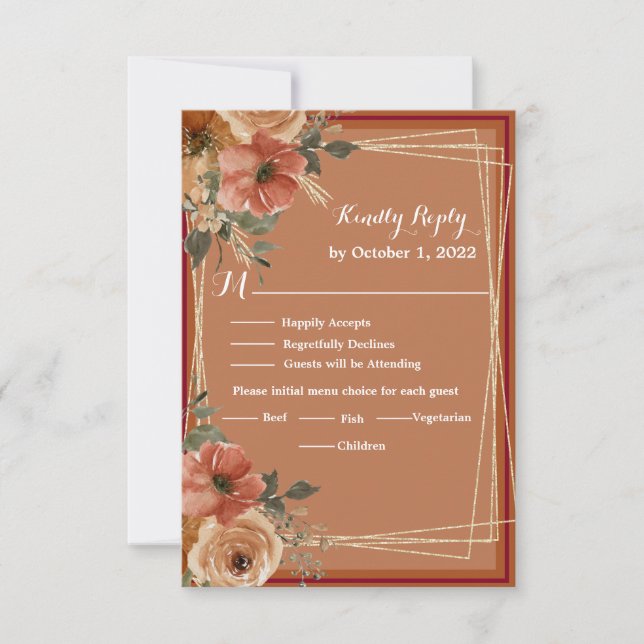 Terracotta Boho Fall Floral Watercolor Wedding RSVP Card (Front)