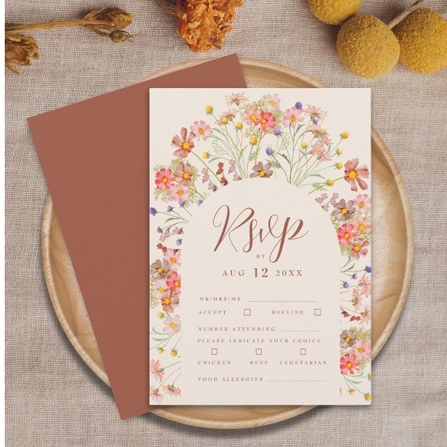 Terracotta Boho Fall Wedding RSVP Card (Boho fall wildflower rustic floral arch burgundy and ivory cream wedding rsvp card Elegant script)