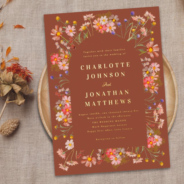 Terracotta Boho Floral Arch Fall Wedding Gold (Burnt orange terracotta boho floral arch elegant gold foil fall wedding invitation Watercolor flower)
