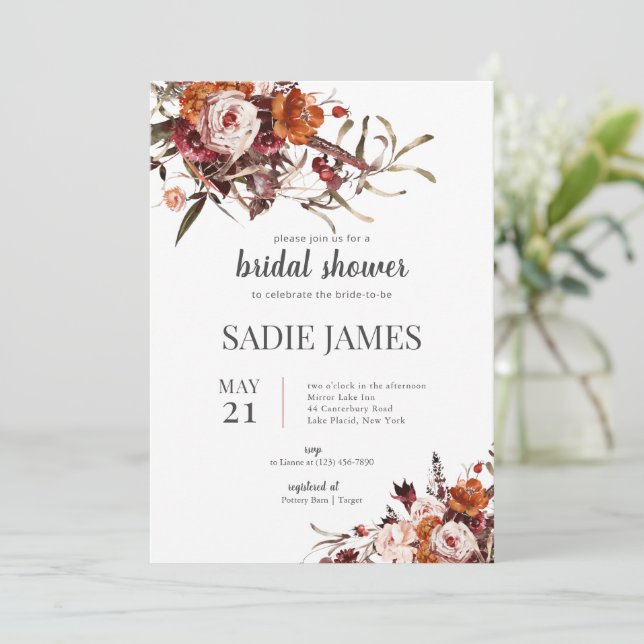 Terracotta Boho Floral Bridal Shower Invitation (Debout devant)