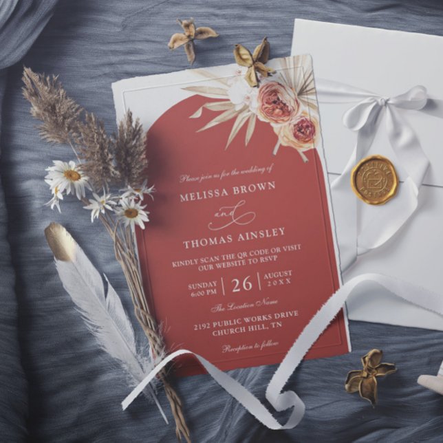 Terracotta Boho Floral Budget QR Code Wedding Invitation (Creator Uploaded)