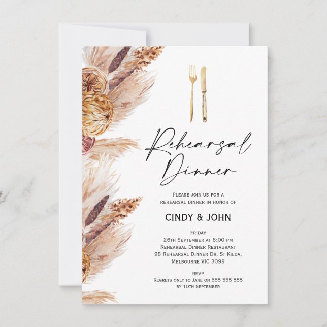 Terracotta Boho Floral Cutlery Rehearsal Dinner Invitation (Front)