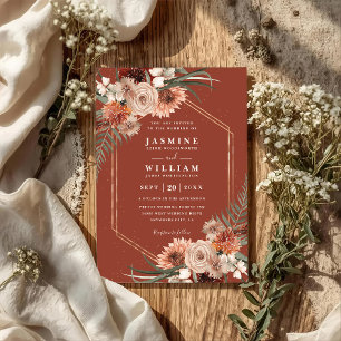 Terracotta Boho Floral Elegant QR Code Wedding Invitation