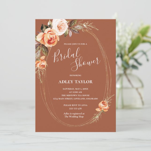 Terracotta Boho Floral Fall Bridal Shower Invitation (Standing Front)