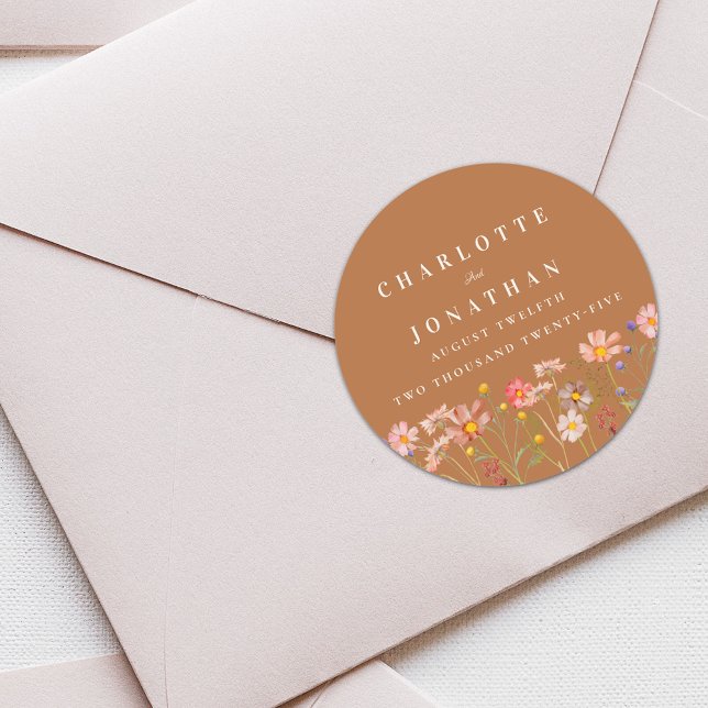 Terracotta Boho Floral Fall Wedding Classic Round Sticker (Terracotta Boho fall rustic Wildflower floral custom Wedding sticker watercolor elegant modern)