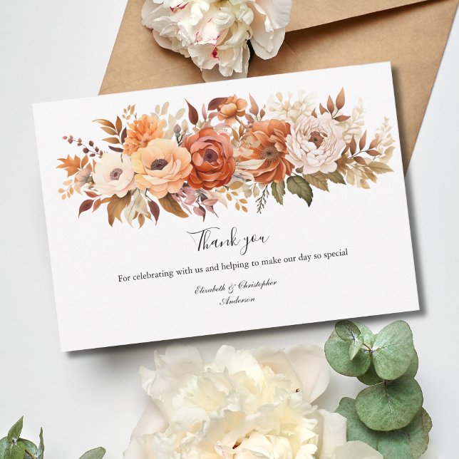 Terracotta Boho Floral Flowers Wedding Thank You Card (Terracotta and Beige Boho Florals Flowers Wedding Thank you card)
