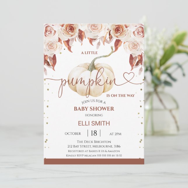 Terracotta Boho Floral Little Pumpkin Baby Shower Invitation (Standing Front)