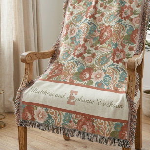 Terracotta Boho Floral Monogram Couple Throw Blanket