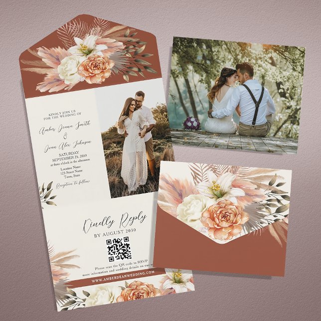 Terracotta Boho Floral Rustic Wedding All In One Invitation (Creator Uploaded)