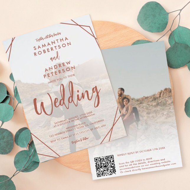 Terracotta boho frame photo script Qr code wedding Invitation (Creator Uploaded)