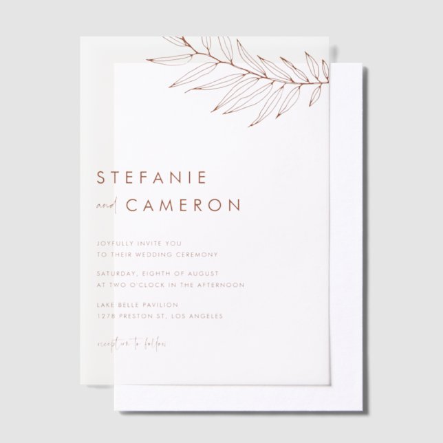Terracotta Boho Minimalist Foliage Wedding Vellum Invitations (Offset)