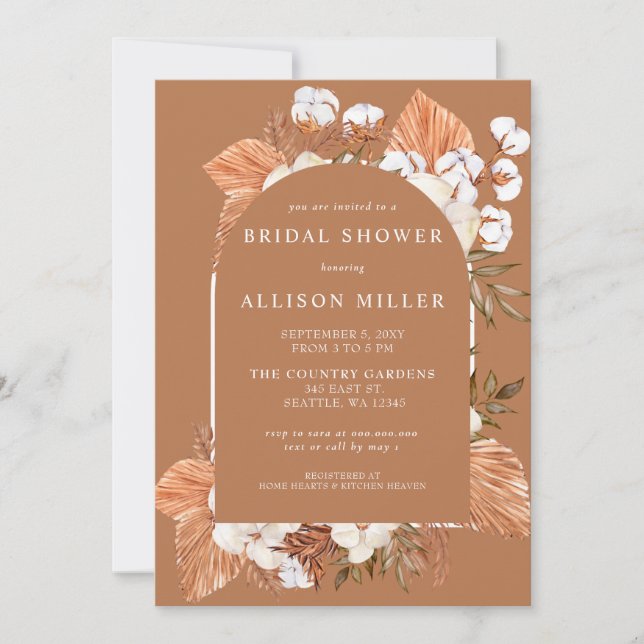 Terracotta Boho Pampas Arched Bridal Shower Invitation (Front)
