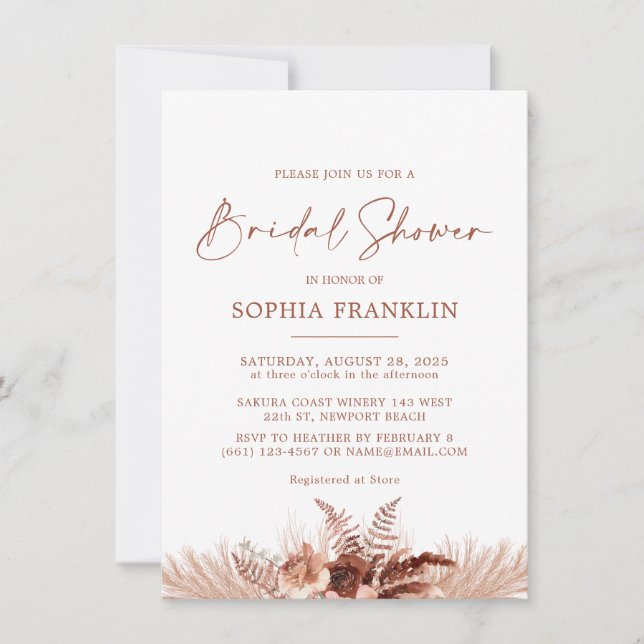 Terracotta Boho Pampas Grass Bridal Shower  Invitation (Front)