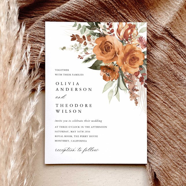 Terracotta Boho Rose Floral Watercolor Wedding Invitation (Terracotta rose floral wedding invitation with pampas accents, bohemian watercolor, modern classic)