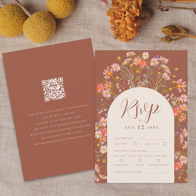 Terracotta Boho Rustic Wildflower Floral Wedding RSVP Card (Terracotta and beige boho fall rustic wildflower wedding qr code rsvp card Watercolor florals)