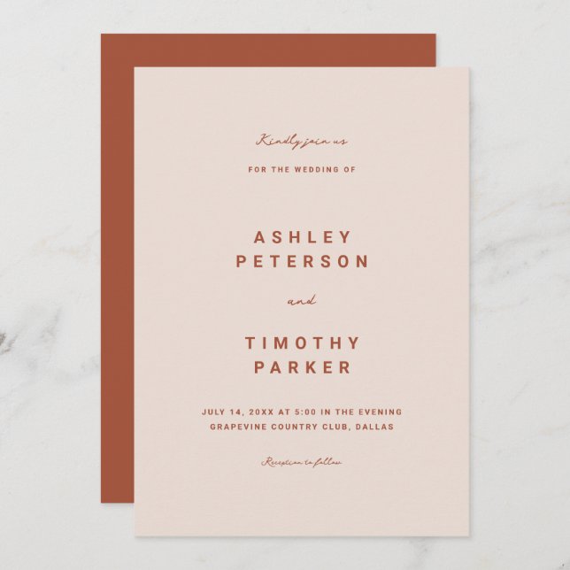 Terracotta Boho Simple Modern Wedding  Invitation (Front/Back)
