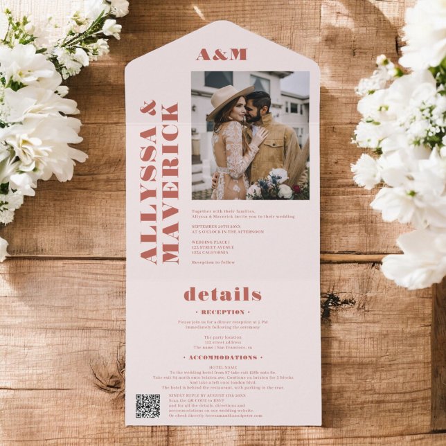 Terracotta boho simple monogram photo wedding all in one invitation (Terracotta boho simple monogram photo wedding all in one invitation)
