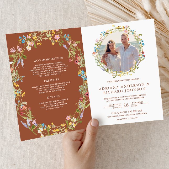 Terracotta Boho Wildflower Photo QR Code Wedding Invitation (Creator Uploaded)