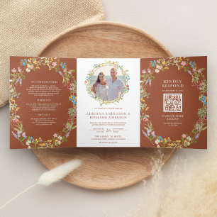 Terracotta Boho Wildflower Photo QR Code Wedding Tri-Fold Invitation