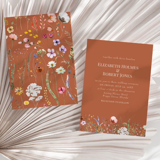 Terracotta Boho Wildflower Wedding Invitation (Terracotta Boho Wildflower Wedding Invitation on a sunny neutral dry palm leaf.)