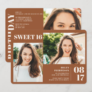 Terracotta bold 3 photos Sweet 16 birthday Invitation