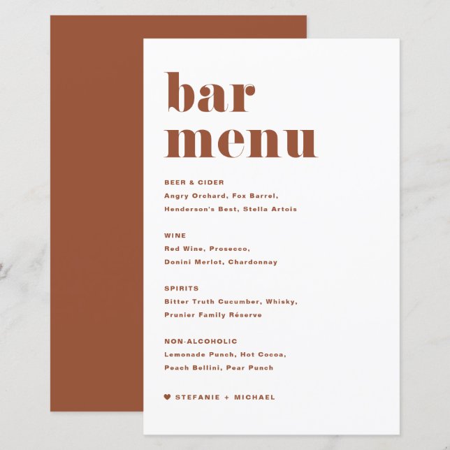 Terracotta Bold Retro Typography Wedding Bar Menu (Front/Back)