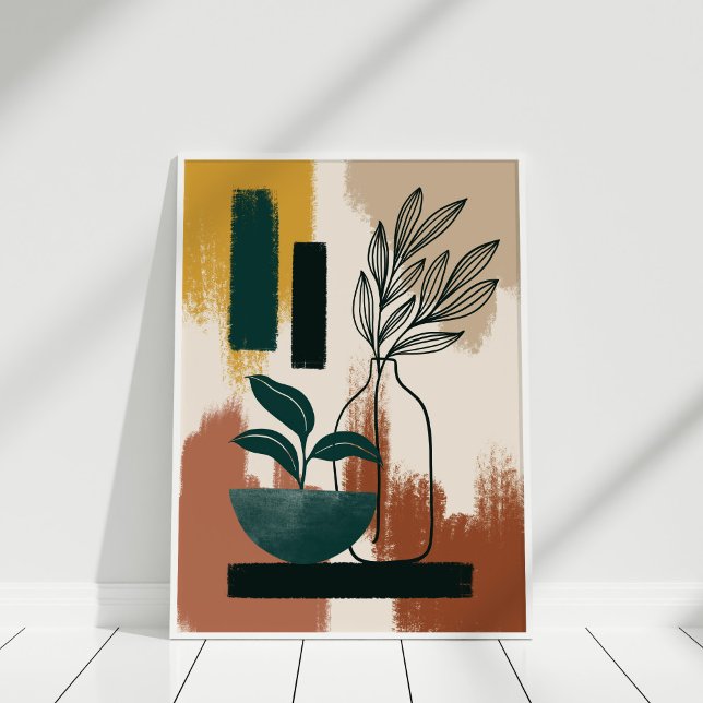 Terracotta Botanical Abstract Modern Wall Art (Terracotta Burnt Orange Abstract Botanical Poster in white frame.)