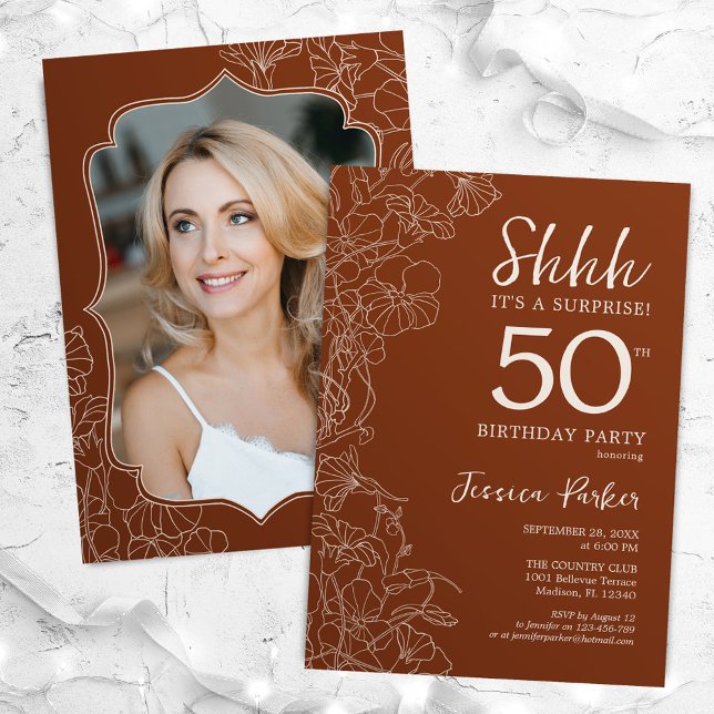 Terracotta Botanical Photo Surprise 50th Birthday Invitation (Creator Uploaded)