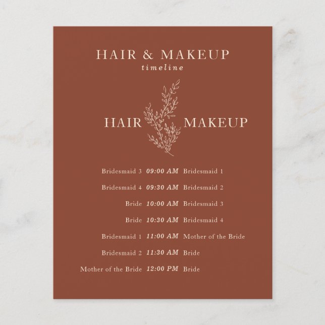 Terracotta Botanical Wedding Day Hair Makeup Time Flyer (Front)