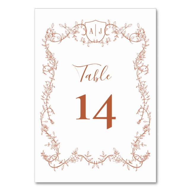 Terracotta Botanical Wedding Rambling Rose Vine Table Number (Front)