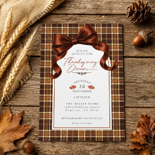 Terracotta Bow Autumn Plaid Thanksgiving Dinner Invitation