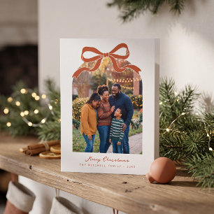 Terracotta Bow Design Merry Christmas Family Photo Holiday Card