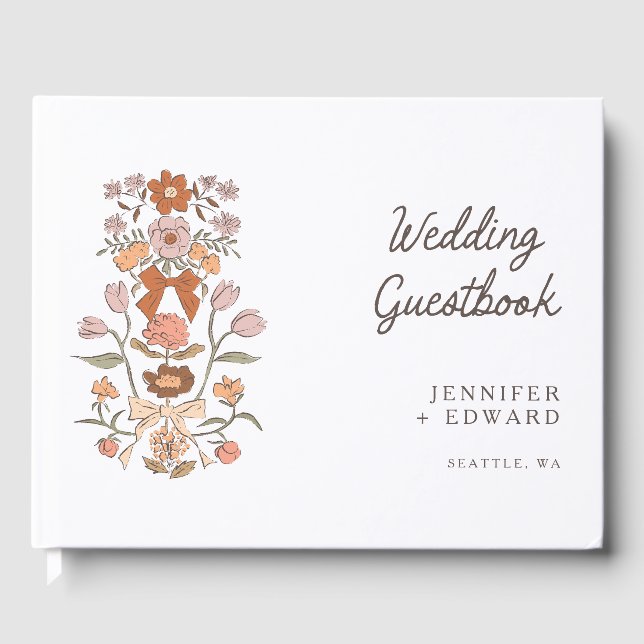 Terracotta Bows & Blossoms Floral Wedding Guest Book (Front)