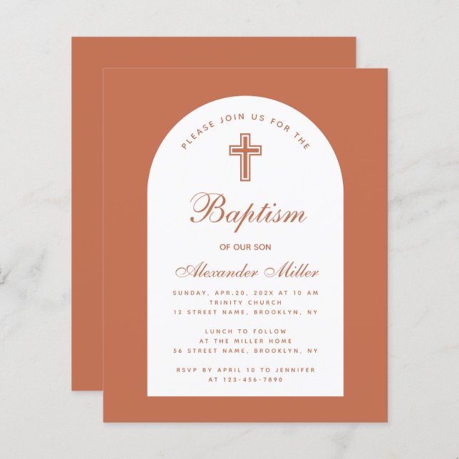  Terracotta Boy Baptism Budget Script Invitation  (Front/Back)