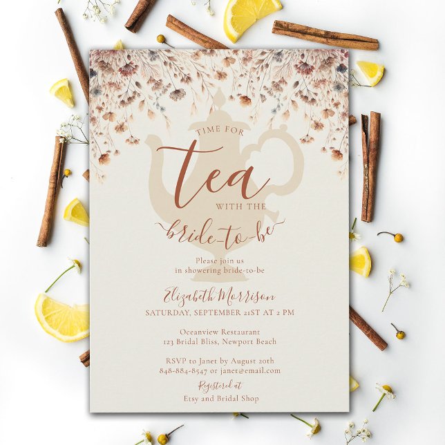 Terracotta Bridal Shower Tea Bride Wild Flowers Invitation (terracotta floral bridal shower tea invitation modern elegant wildflowers meadow garden flowers time)