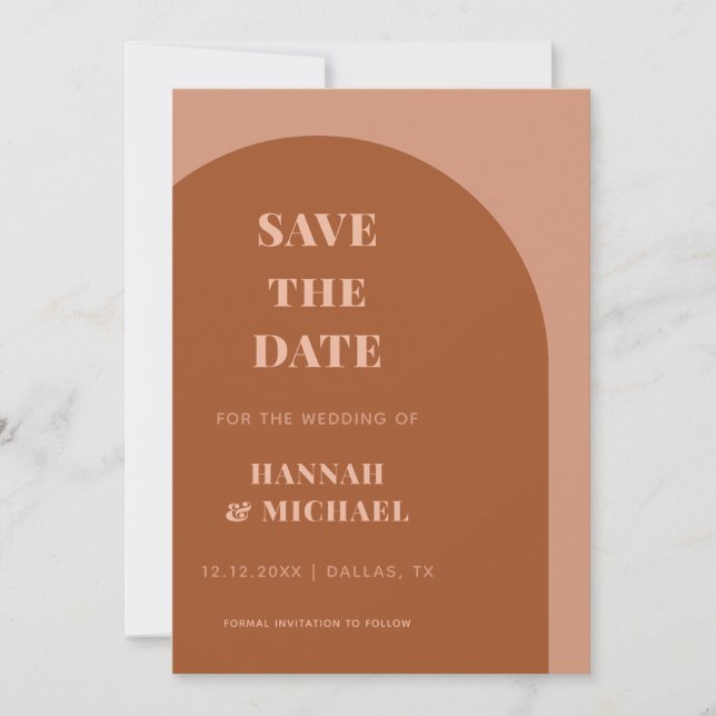 Terracotta Brown & Cream Minimalist Geometric Arch Save The Date (Front)