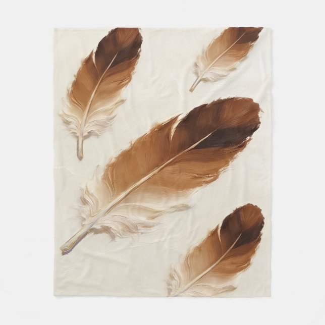 Terracotta Brown Feather Soft Aesthetic Boho Fleece Blanket (Front)